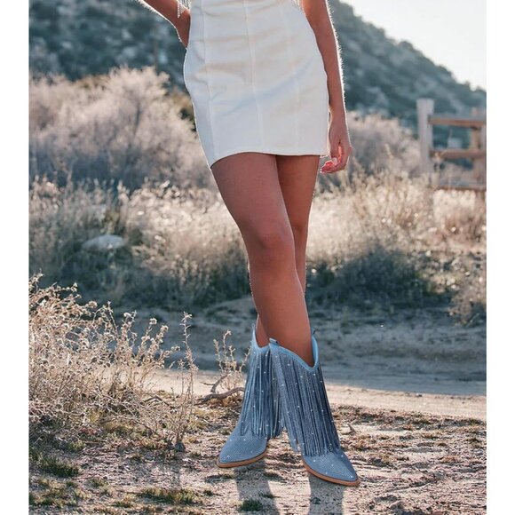 Women's Blue Cowgirl Rhinestone Boots With Sparkly Fringe Pointed Toe Wide Calf - Picture 9 of 9